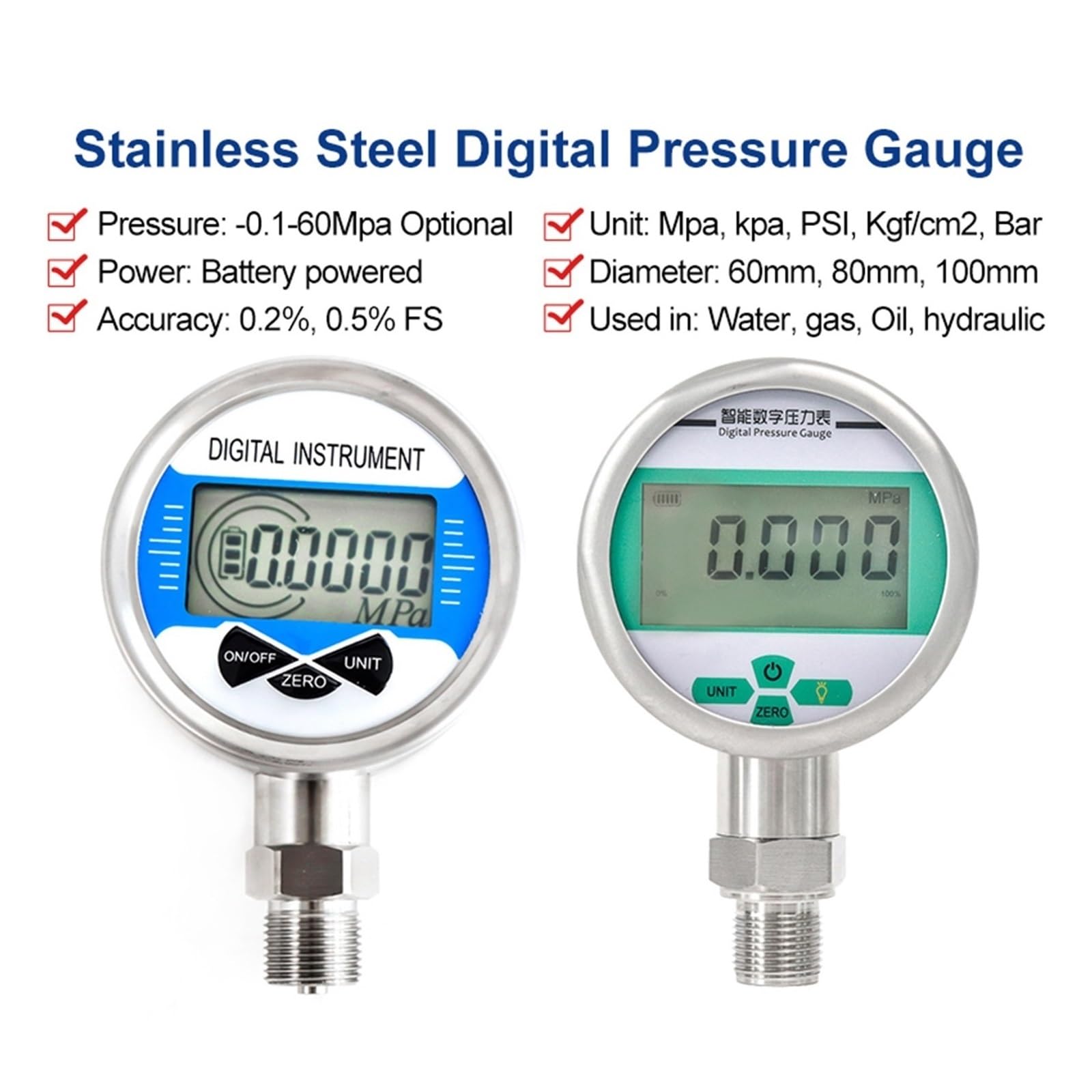 Manómetro digital, Medidor de presión vacío aire y agua alta precisión con pantalla Digital inteligente acero inoxidable(HD-Y280-0.2-81mm,0-25Mpa)