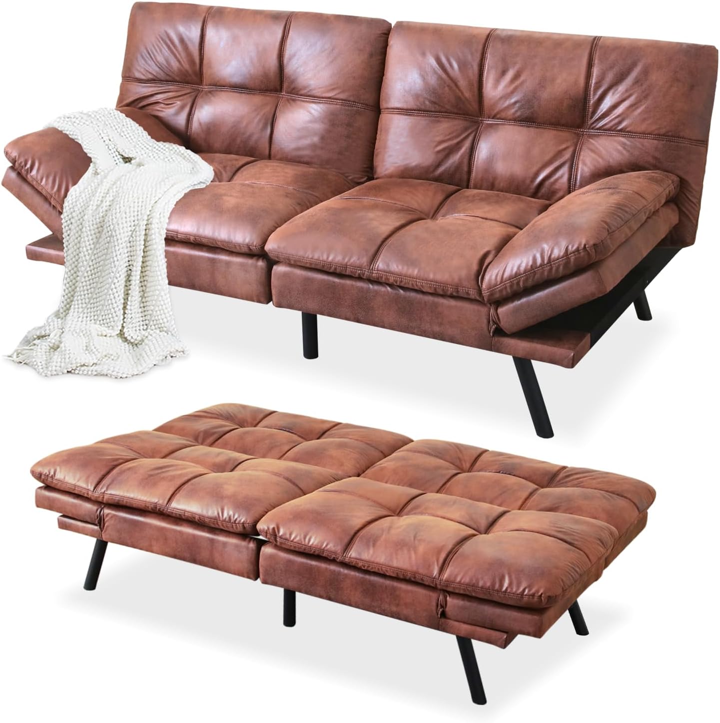 MUUEGM Futon Sofa Bed,Convertible Adjustable Backrest Armrests Memory Foam Couch Bed, Modern Faux Leather Futon Sleeper Couch Loveseat for Living Room,office,Apartment,Small Space,Brown