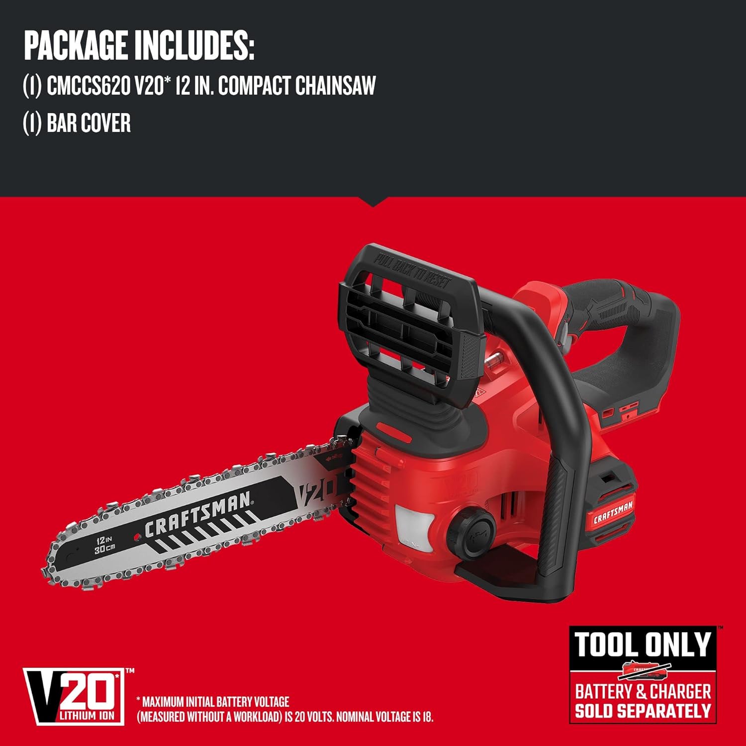 CRAFTSMAN V20 Mini Chainsaw, Cordless, 12 inch, Bare Tool Only (CMCCS620B) - Image 4