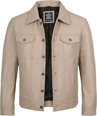 Leather Trucker Jacket Men Real Lambskin Shirt Style Button Front Leather Jacket Men