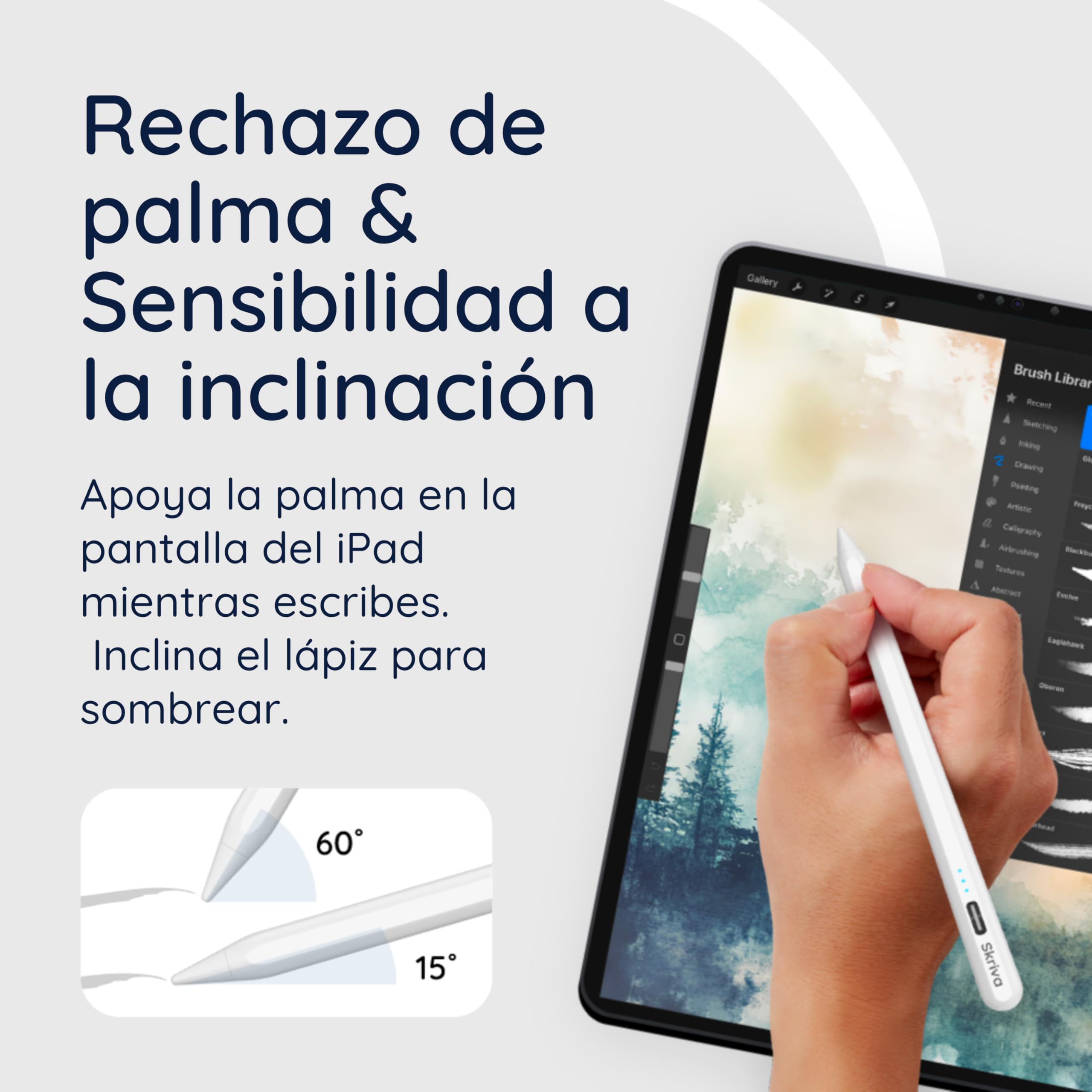Lápiz táctil Skriva para iPad (2018+) con botón de Acceso rápido, inclinación y rechazo de Palma, fijación magnética, Carga USB-C rápida, indicador batería, Funda y Puntas