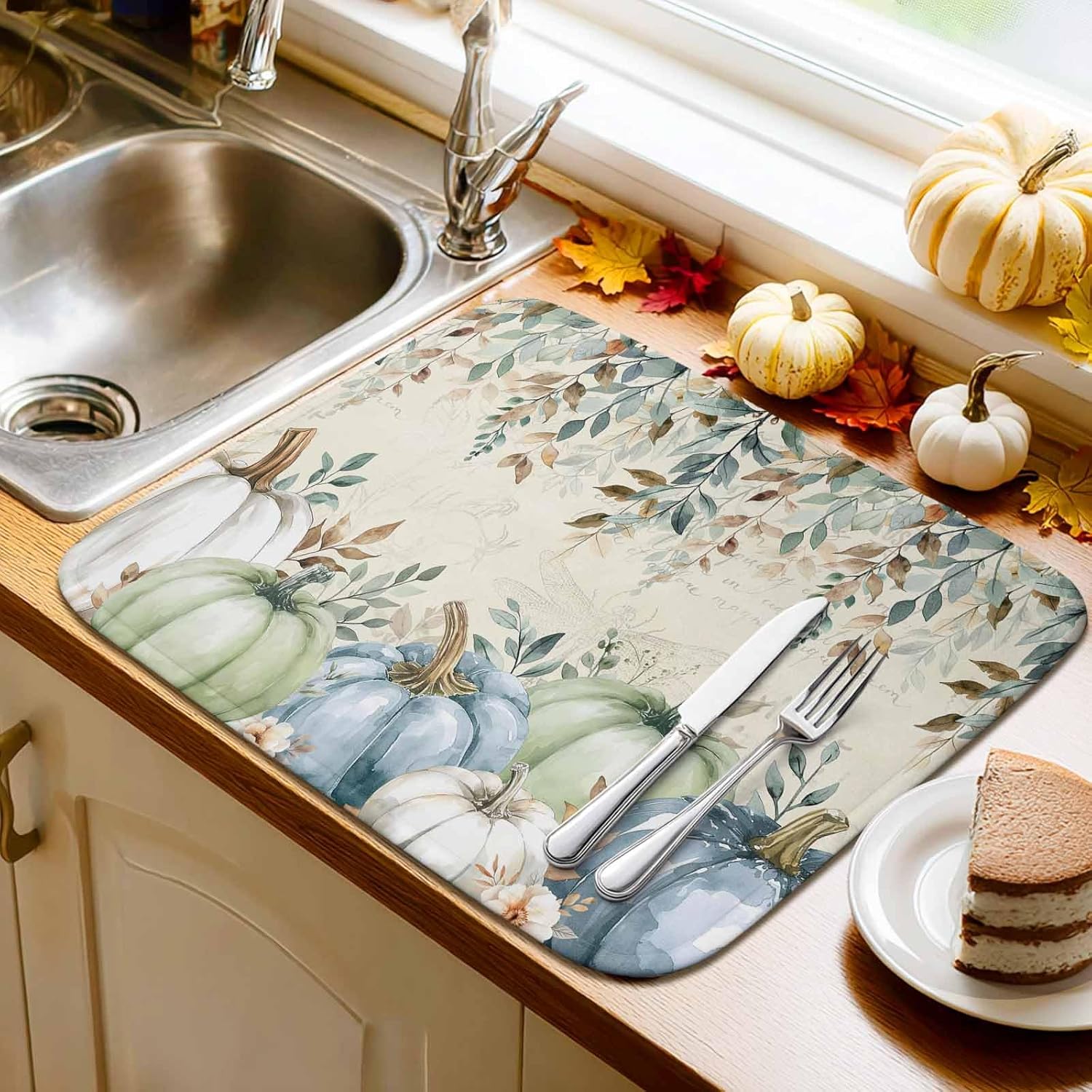 Thanksgiving Pumpkin Leaf Dish Drying Mats for Kitchen Counter,Absorbent Microfiber Dish Drainer Rack Mat Country Plant Flower on Retro Beige Drying Pad for Sinks,Utensils,Countertops,18x24in