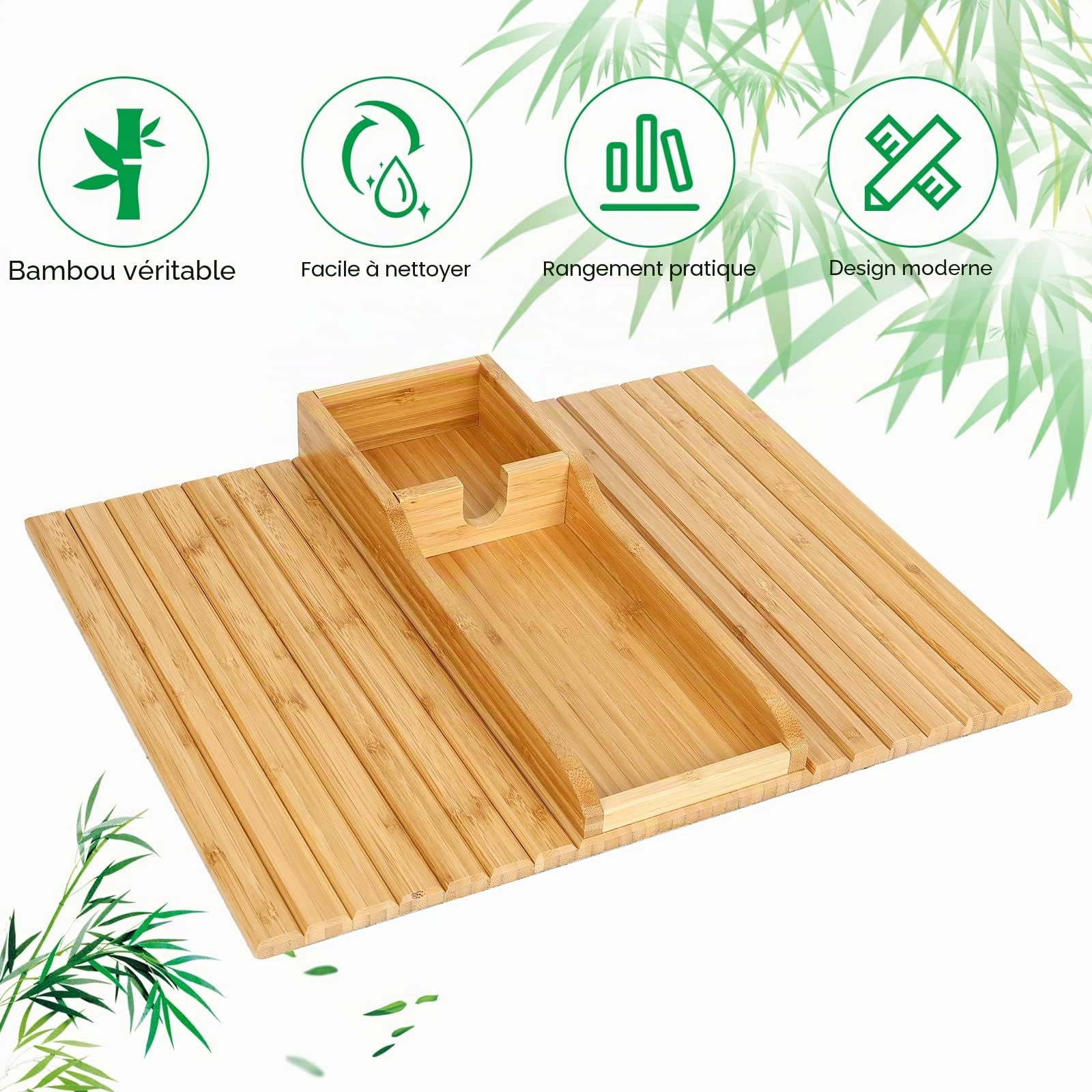 Plateau de canapé, plateau de canapé, plateau avec accoudoirs, en bois de bambou, antidérapant, table d'accoudoirs, porte-gobelet, marron clair Bois
