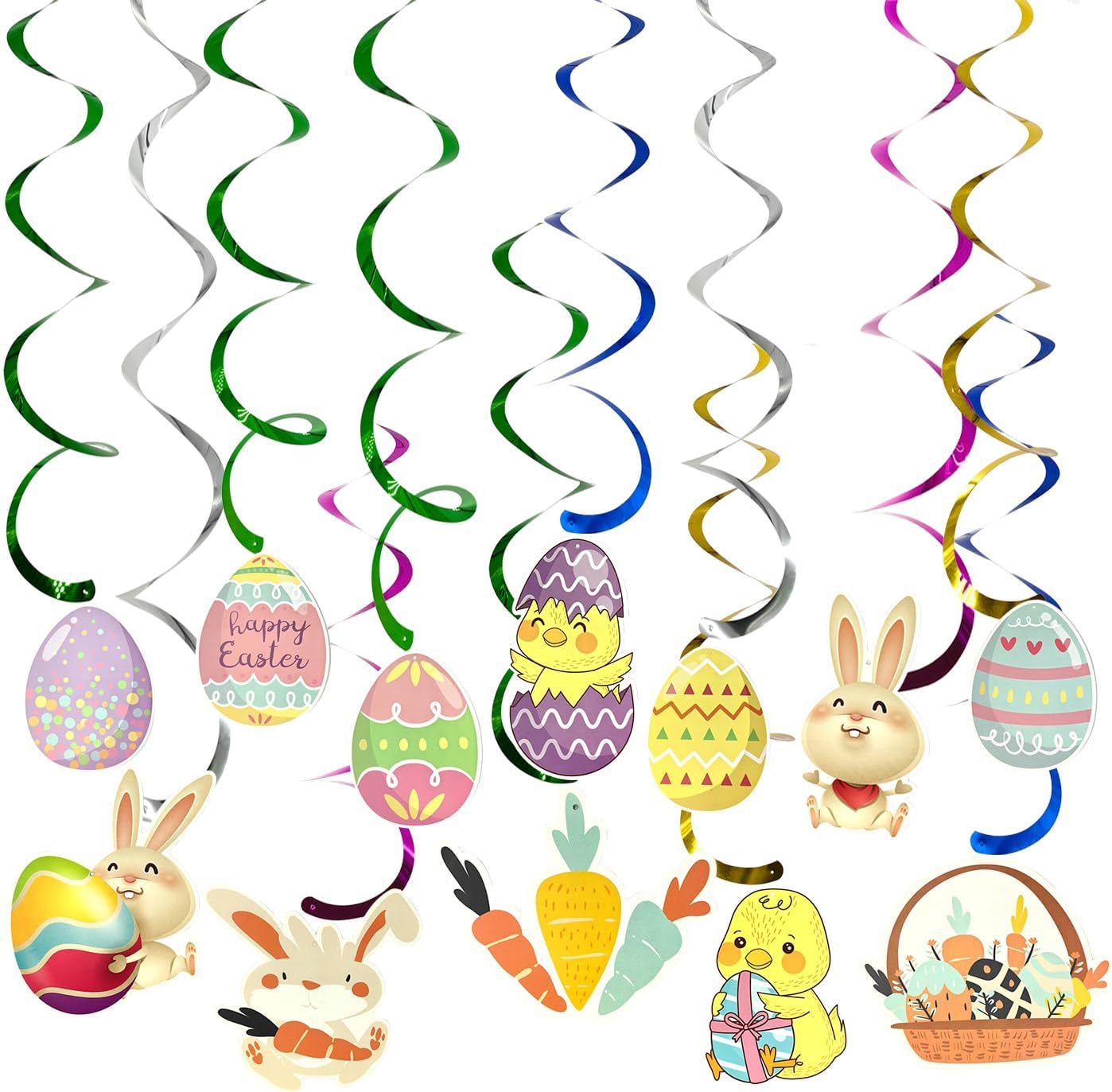Easter Decorations Kit for Home Party, Happy Easter Hanging Decorations with Banner, Paper Fans, Tissue Pom Poms and Hanging Swirls Bunny Egg Chick Carrot Spring Party Decor for Classroom Office