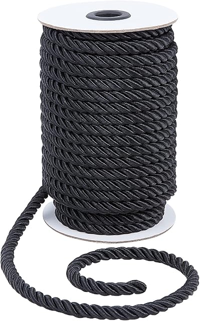 PandaHall 8mm 3 Braided Cord Trim, 20 Yards Twisted Silk Ropes Black Decorative Rope Shiny Viscose Cording for Curtain Tieback, Upholstery, Honor Cord, Christmas Garland, Handbags Handles
