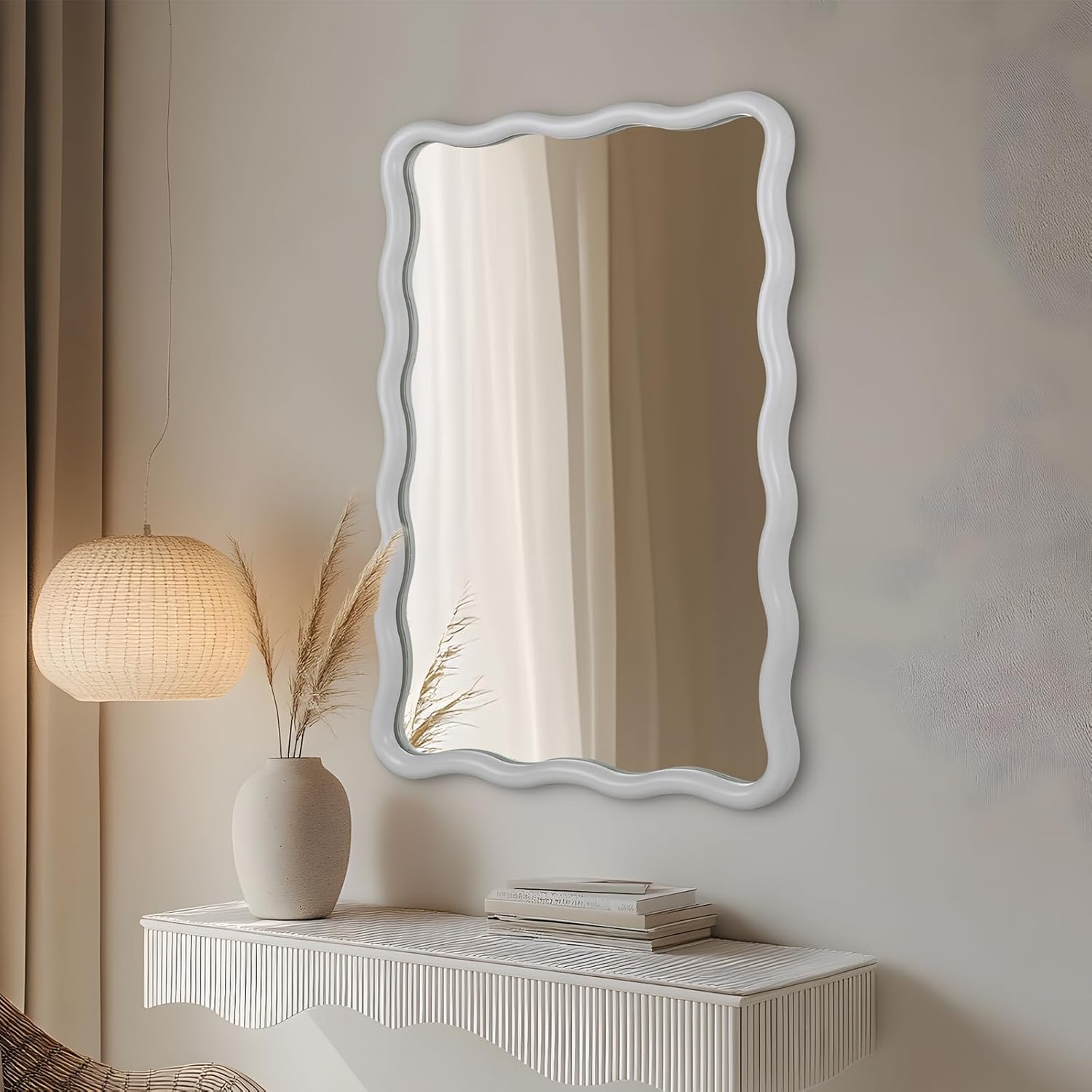 Wavy Rectangular Bathroom Mirror with Scalloped Metal Frame - White Decorative Mirror Modern Farmhouse Mirror for Vanity, Living Room, Entryway, or Hallway (White)