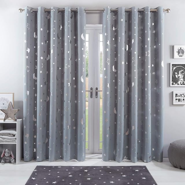 Dreamscene Galaxy Thermal Blackout Curtains Pair of Eyelet Ring Top Panels Kids Metallic, Silver Grey Moon Stars, Width 46 x Drop 54