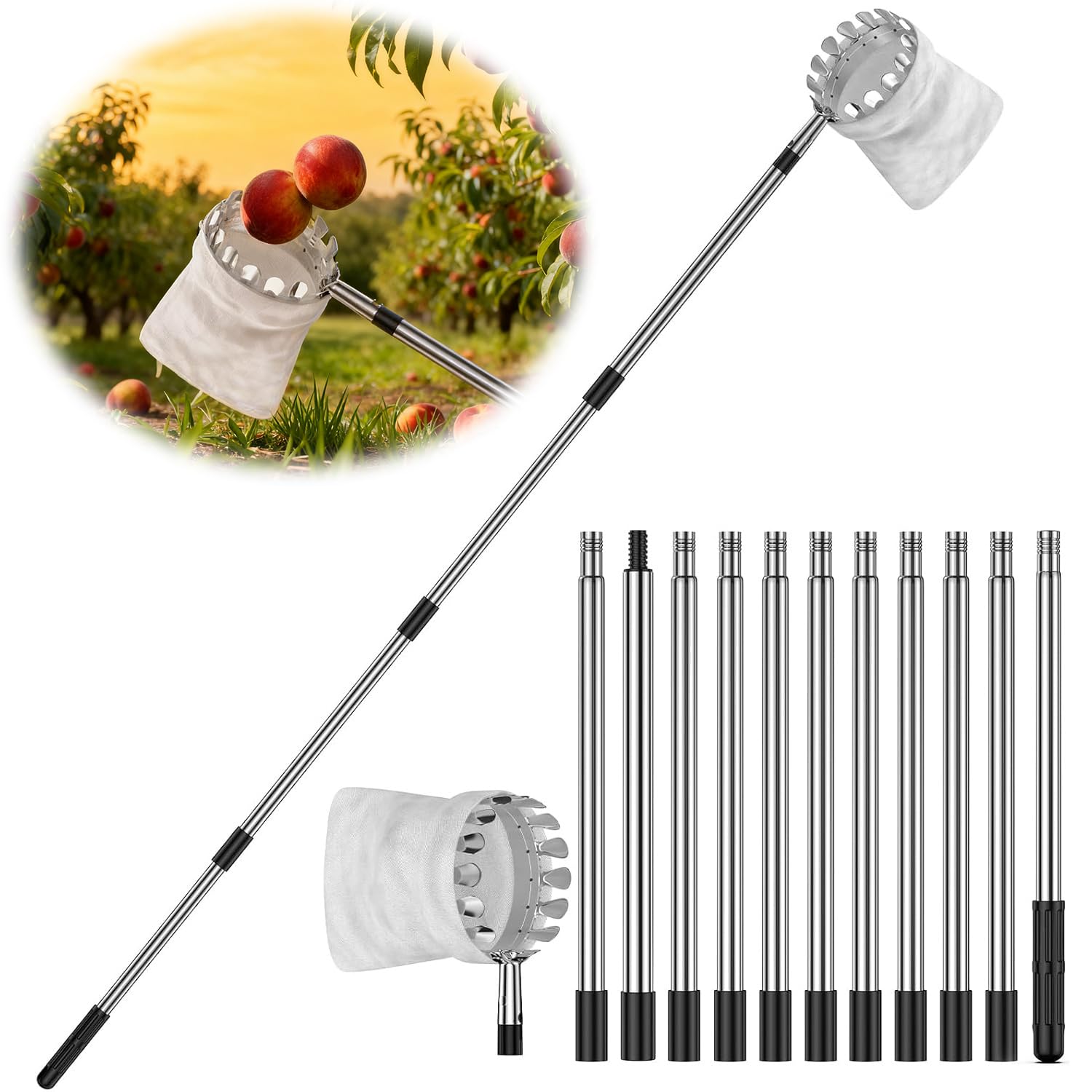 4.2M Apple Picker, Fruit Picker with Telescopic Handle, Fruit Harvester with Stainless Steel Connecting Pole and Fabric Bag, Tree Picker for Orange Lemon Etc (13.8 FT)