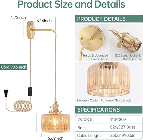 Miniatura 3 de Lámpara de pared vintage con pantalla de vidrio a rayas ámbar, aplique de pared colgante con cable de enchufe de 4.9 pies, lámpara de pared moderna