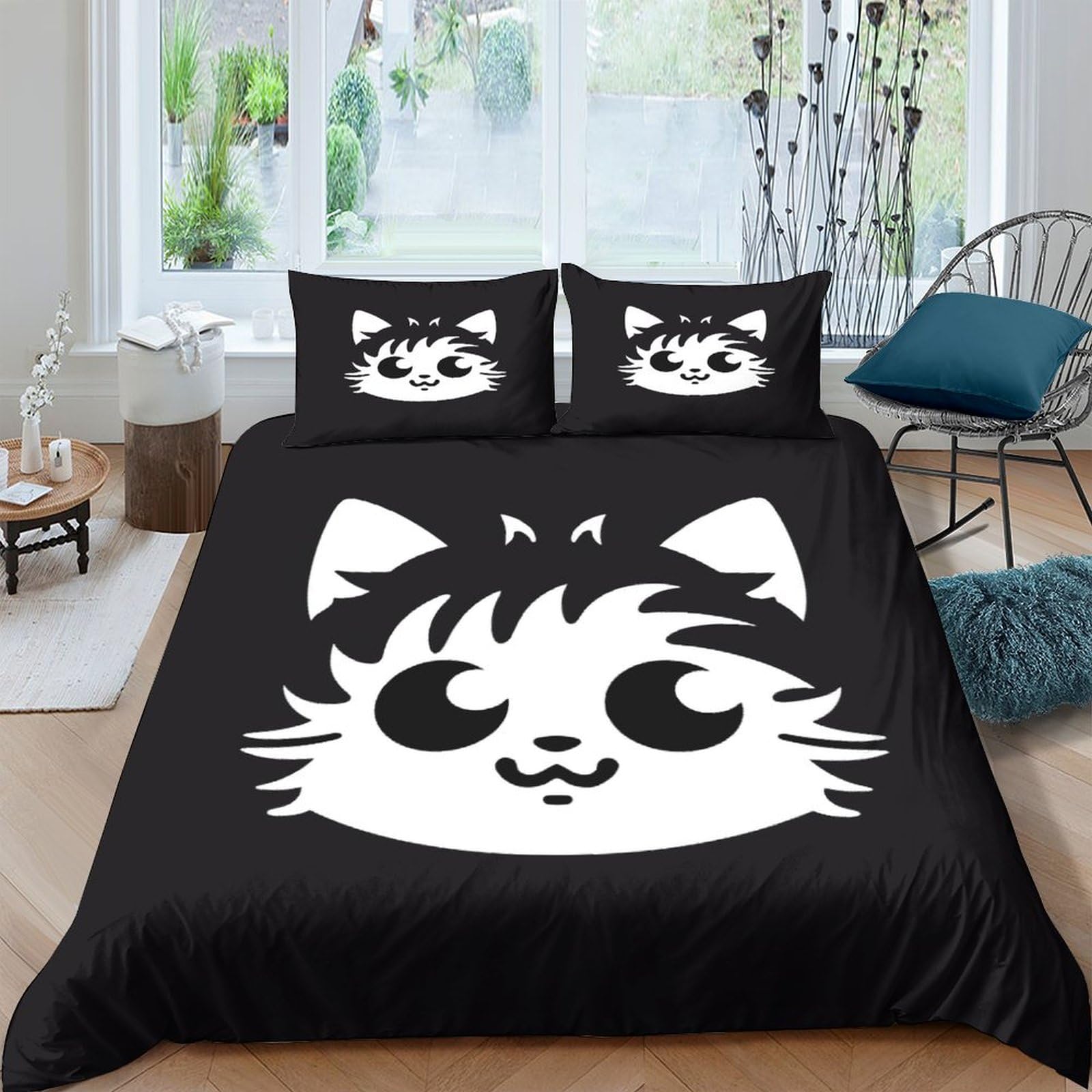 Parure de lit chat noir et blanc 3 pièces avec housse de couette