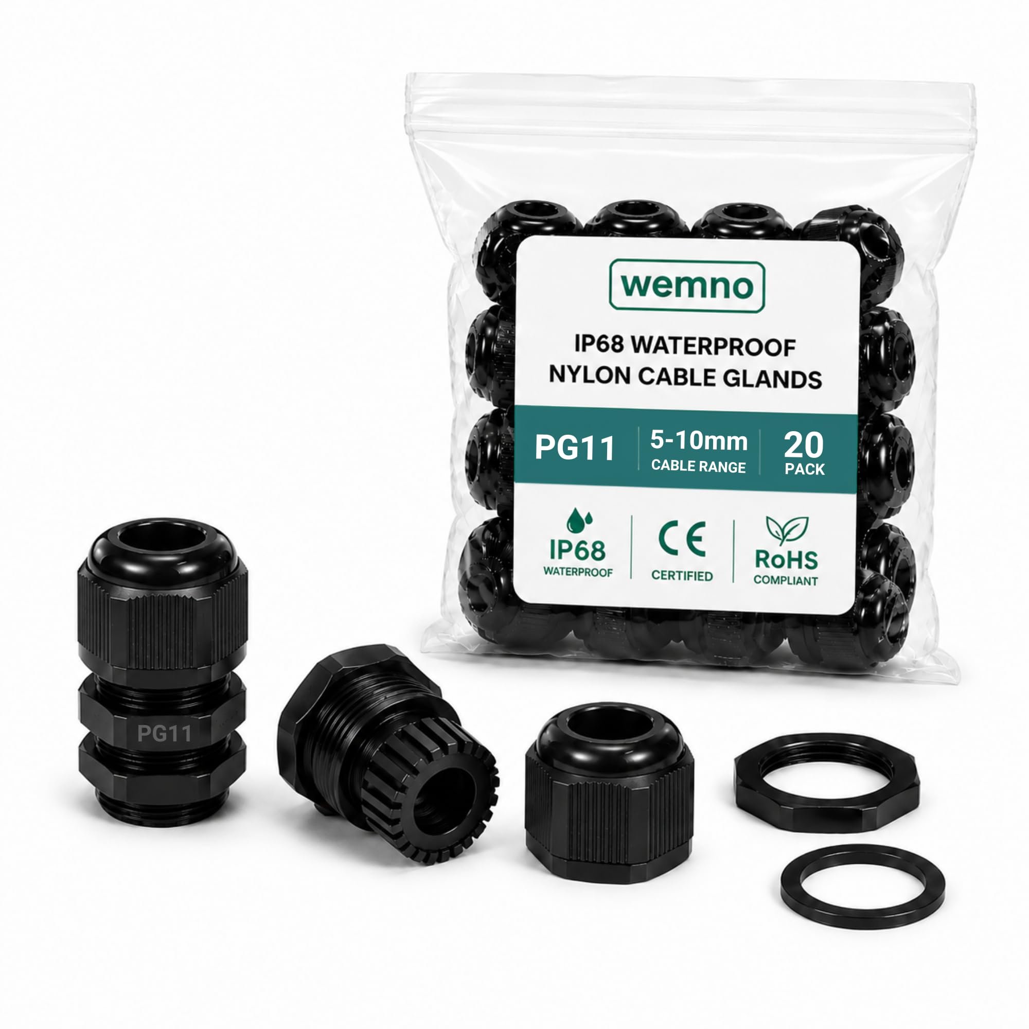 WEMNO PG11 Cable Glands Nylon Waterproof with Locknut and Gasket IP68 Rated PA6 Black Pack of 20 for Electrical Enclosures Junction Boxes and Control Panels