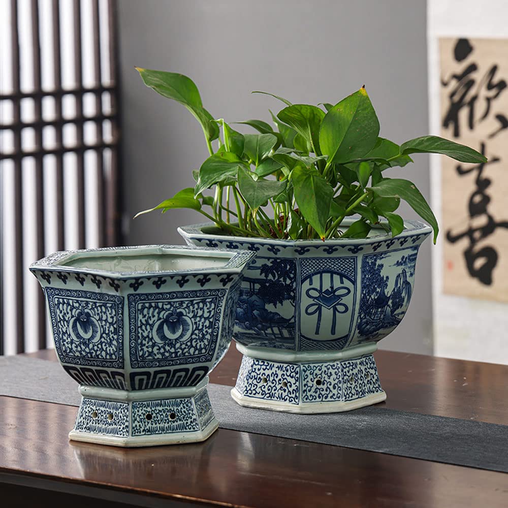 Ceramiczna doniczka, niebiesko-biała porcelana, zielona doniczka, antyczny wzór krajobrazu, zielone rośliny, doniczka, ogrodnictwo, rośliny doniczkowe, porcelana w donicz