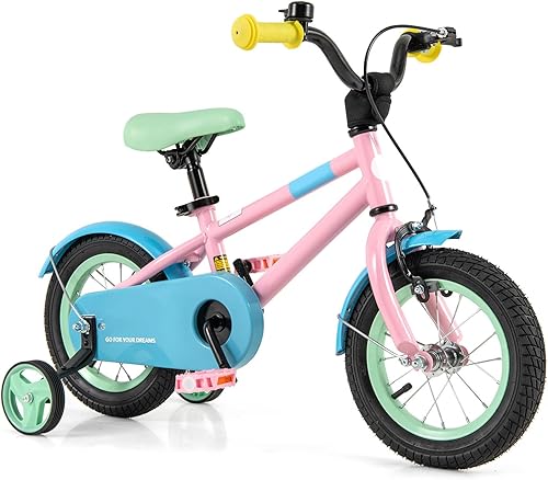 Miniatura 17 de BABY JOY Bicicleta infantil de macarones coloridos, de 12, 14, 16 y 18 pulgadas, bicicleta deportiva para niños con ruedas de entrenamiento, Verde