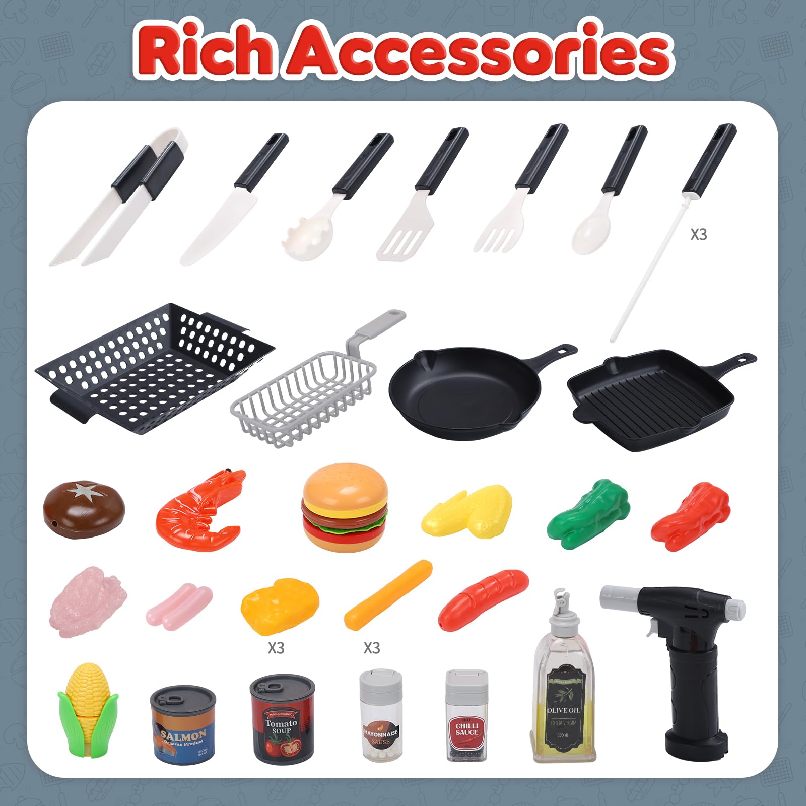 CUTE STONE Barbacoa de Juguete para niños con Comida Que Cambia de Color, Sonidos, Luces, Vapor, Juego de Cocina con Parrilla y sartén, Barbacoa de 2 Niveles con Ruedas – Regalo Ideal