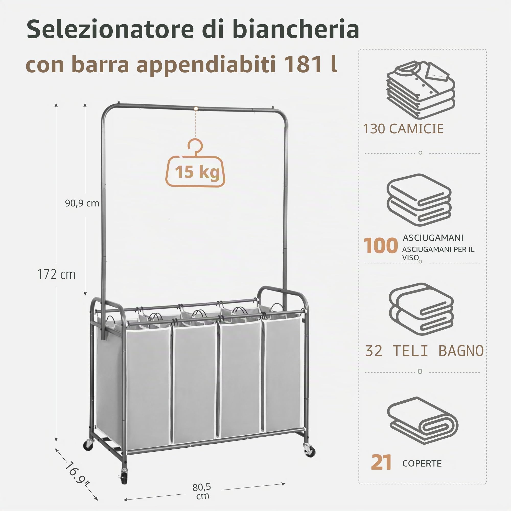STORAGE MANIAC Carrello portabiancheria con barra sospesa, portatile, rimovibile, con ruote bloccabili resistenti e borse rimovibili, organizer per biancheria da 181 l, 4 sezioni
