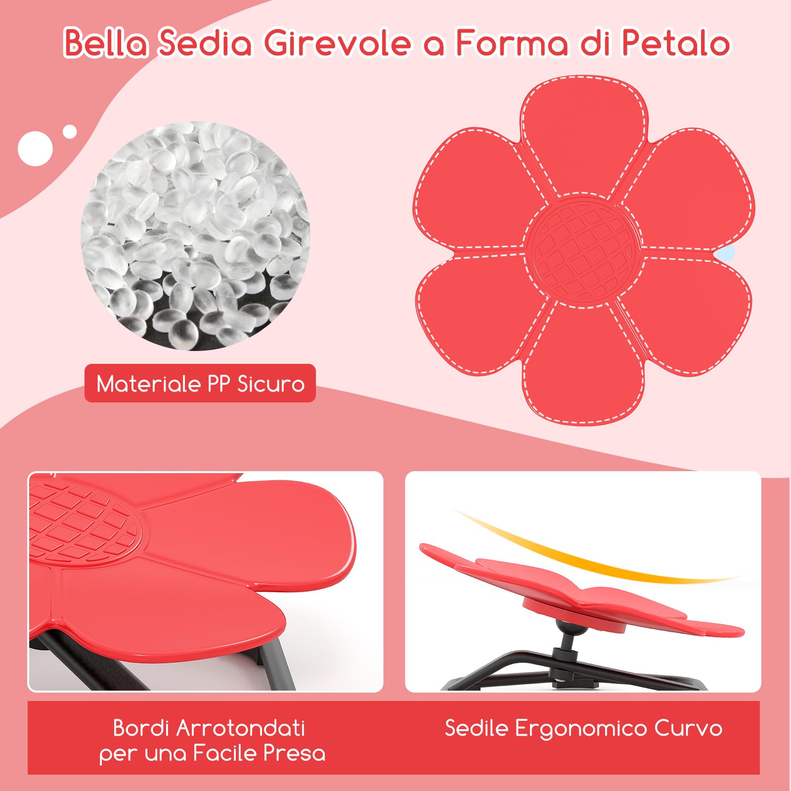 COSTWAY Sedia Girevole a 360° per Bambini, Sedia Sensoriale con Base in Metallo Antiscivolo per Allenare la Coordinazione Fisica e l'Equilibrio, Giocattolo per Cameretta (Rosso,Fiore)