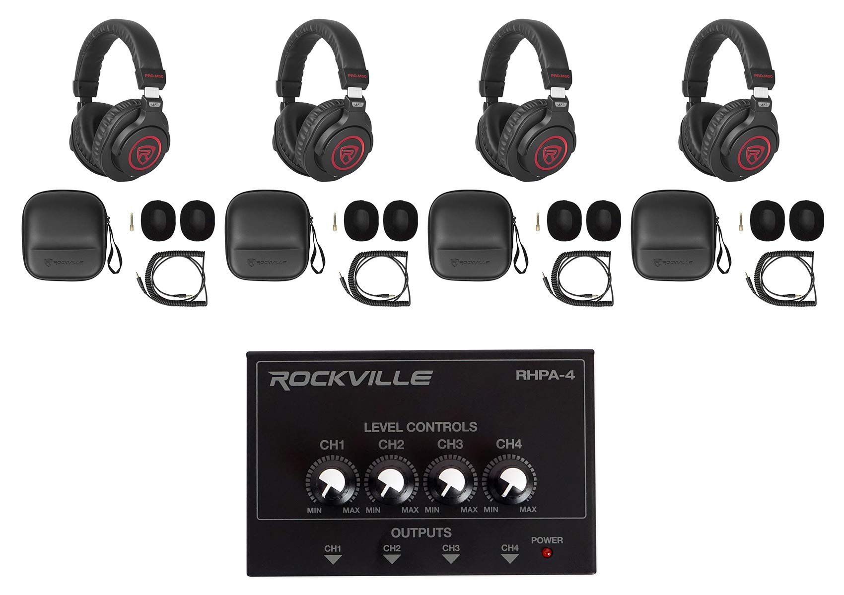 Rockville PRO-M50 SR Bundle: (4) PRO-M50 SR Studio Headphones with Detachable Coil Cable, Case & Extra Ear Pad, RHPA4 4-Channel Professional Headphone