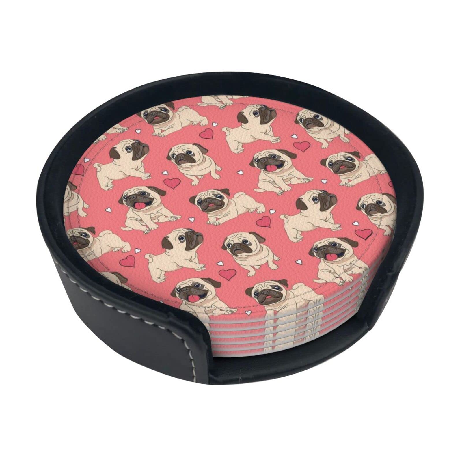 Alteko Pug Dog Coasters Set Of 6 Print Leather Coasters For Drinks,Home Décor And Housewarming Gift