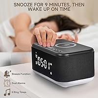 Vista 4 de Reloj despertador con altavoz, cargador inalámbrico, relojes despertadores digitales para dormitorios con Bluetooth, reloj despertador con luz Negro
