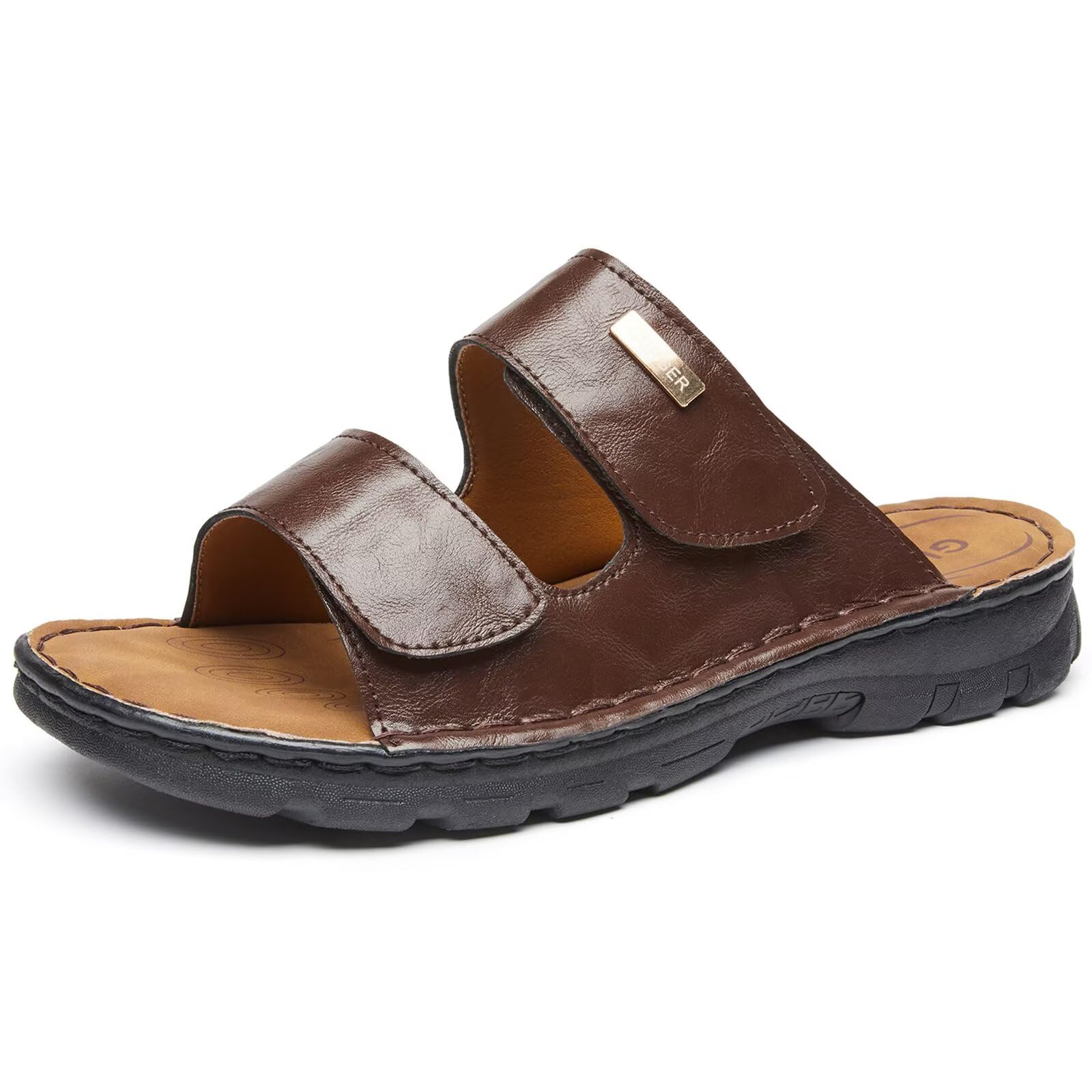 Sandales Homme en Cuir avec Double Scratch Réglable, Mules Ouvertes Respirantes Confortables Antidérapantes pour Été, Plage, Maison