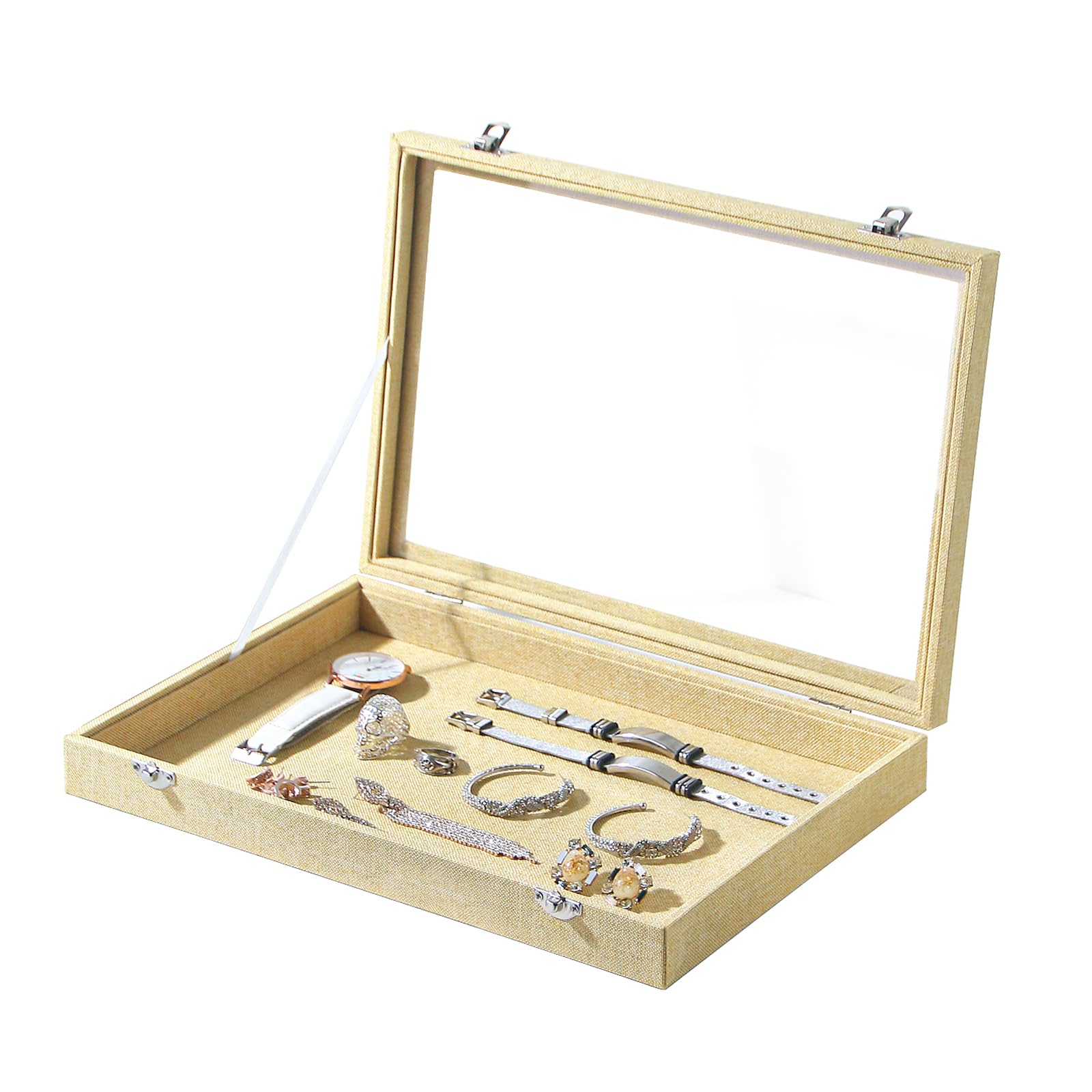 Coward Ohrring-Organizer-Tablett-Box, Grau-Beige Samt Ohrring-Schmuck-Display-Aufbewahrungs-Tablett-Gehäuse mit transparentem Glasdeckel für Heimschublade oder Ladenverkauf