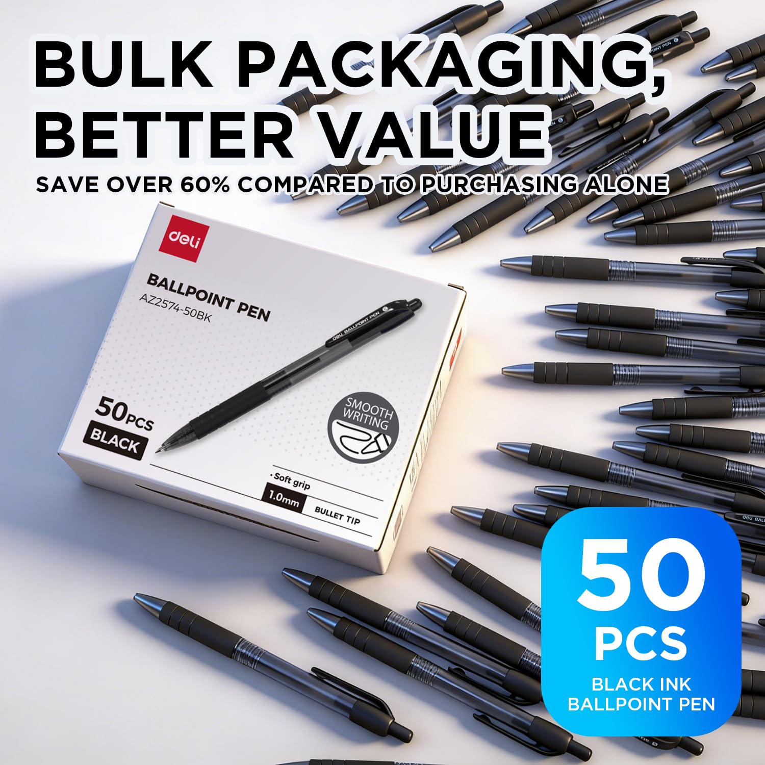 deli Pens Bulk 50 Pack Ballpoint Pens Black Ink 1 0MM Medium Point Smooth Writing Retractable Pen with — view 2