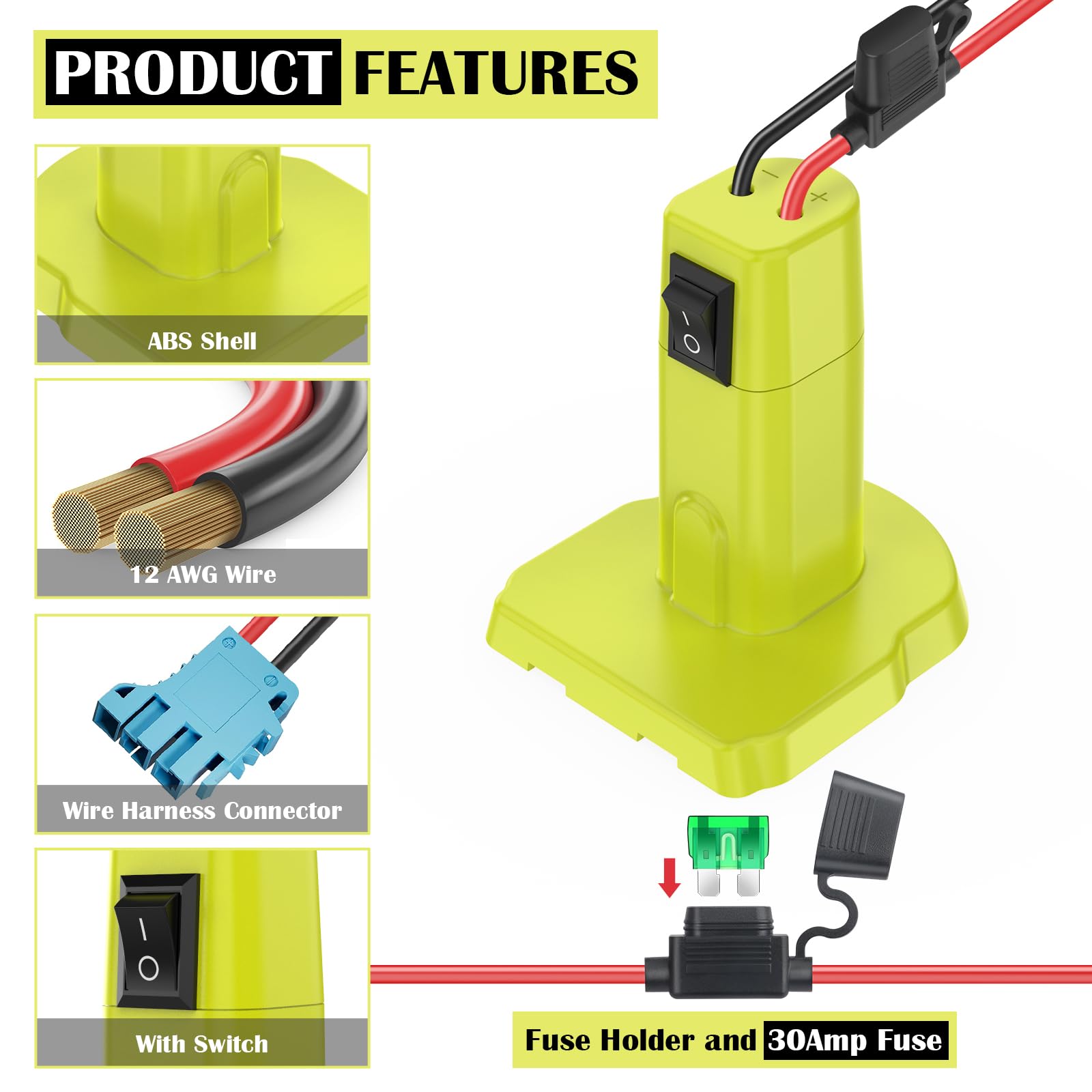 Power Wheel Adapter für Ryobi 18V Akku Adapter Power Wheel Batteriekonverter mit Kabelbaum Stecker Kompatibel mit Peg-Perego Kinderreitspielzeug 12AWG Drahtverbinder mit Schalter und Sicherung