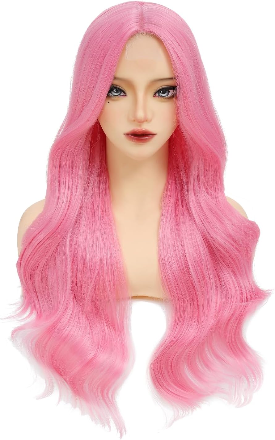 Long Hot pink Wig for Women 26 Inch Natural Wave Synthetic Wig Middle Part Heat Resistant Natural Looking Rose Red Curly Wig for Daily Use Cosplay Halloween