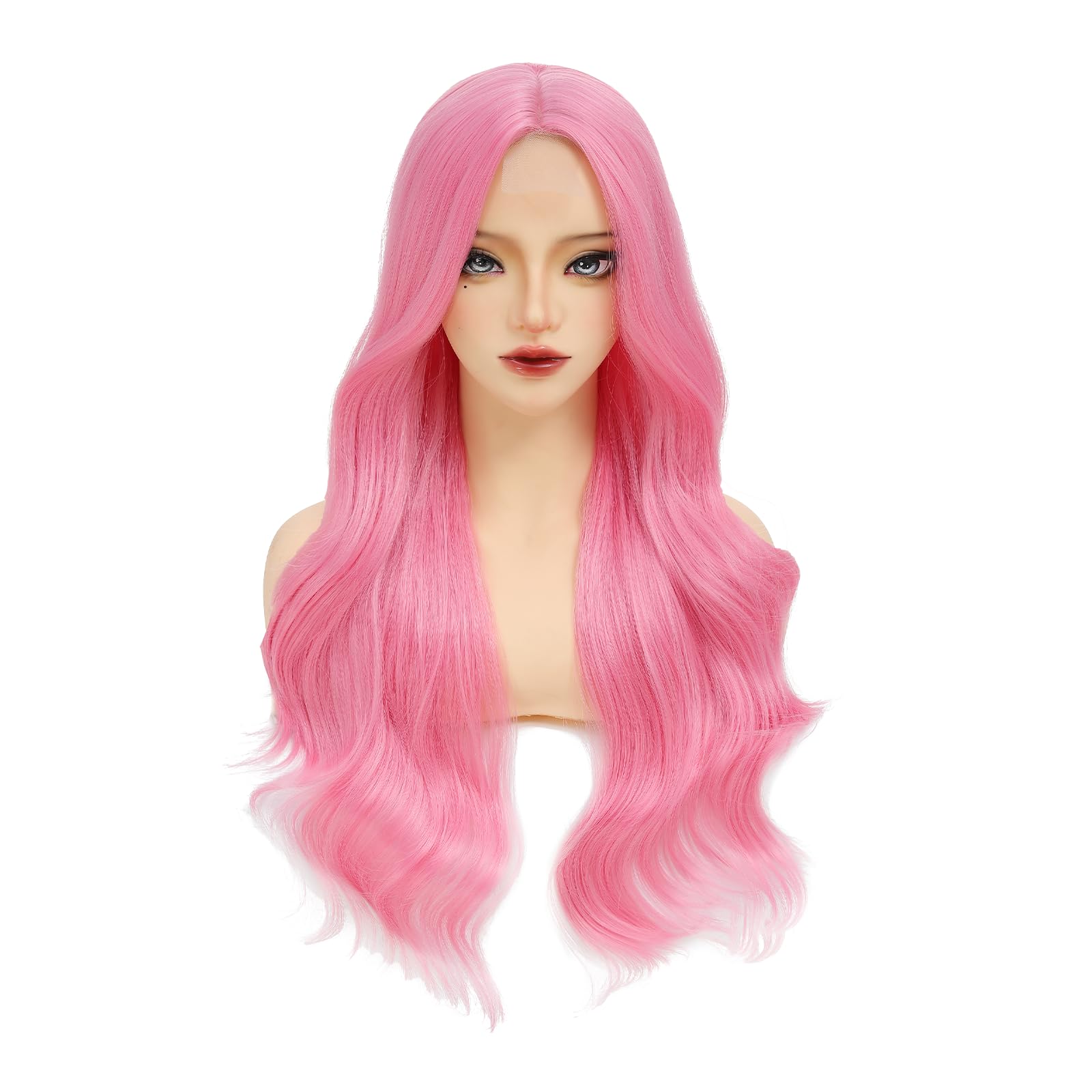 Long Hot pink Wig for Women 26 Inch Natural Wave Synthetic Wig Middle Part Heat Resistant Natural Looking Rose Red Curly Wig for Daily Use Cosplay Halloween