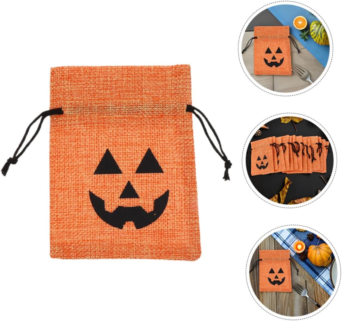 MALUGOGO 50pcs Halloween Pumpkin Drawstring Bags Set – Orange Linen Small Treat Bags for Candy, Party Favors, Halloween Sweets Pouches and Adults