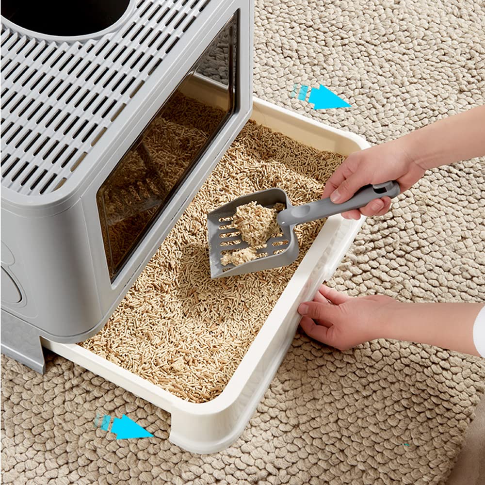 Bac à Litière pour Chat,Grande Maison de Toilette Chat Pliable avec Couvercle,Bac de Tiroir et Pelle à Litière,Portable,WC pour Chats avec Couvercle (48.5 * 36.5 * 38cm PP-Gris)