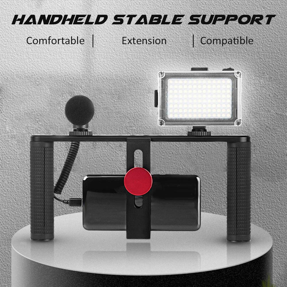 Soporte para teléfono móvil de Dos Manos, Mango estabilizador de Video para Smartphone con luz de Relleno y micrófono, Jaula de aleación de Aluminio para teléfonos de 40 a 92 mm,