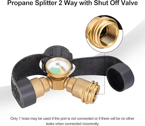 Miniatura 4 de Divisor de tanque de propano de 2 vías con válvula de cierre, tanque de propano en Y, adaptador de tanque de propano doble válvula con calibre,