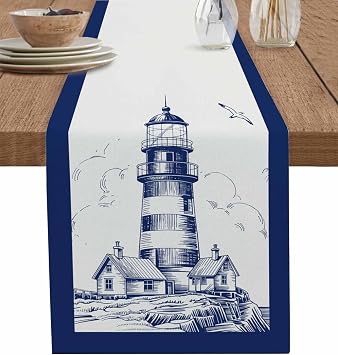 Coastal Lighthouse Table Runner 36 Inches Long for Dining Table, Washable Cotton Linen Farmhouse Table Runners Dresser Scarf for Kitchen Party Holiday Nautical Seaside Bird House Blue Painting