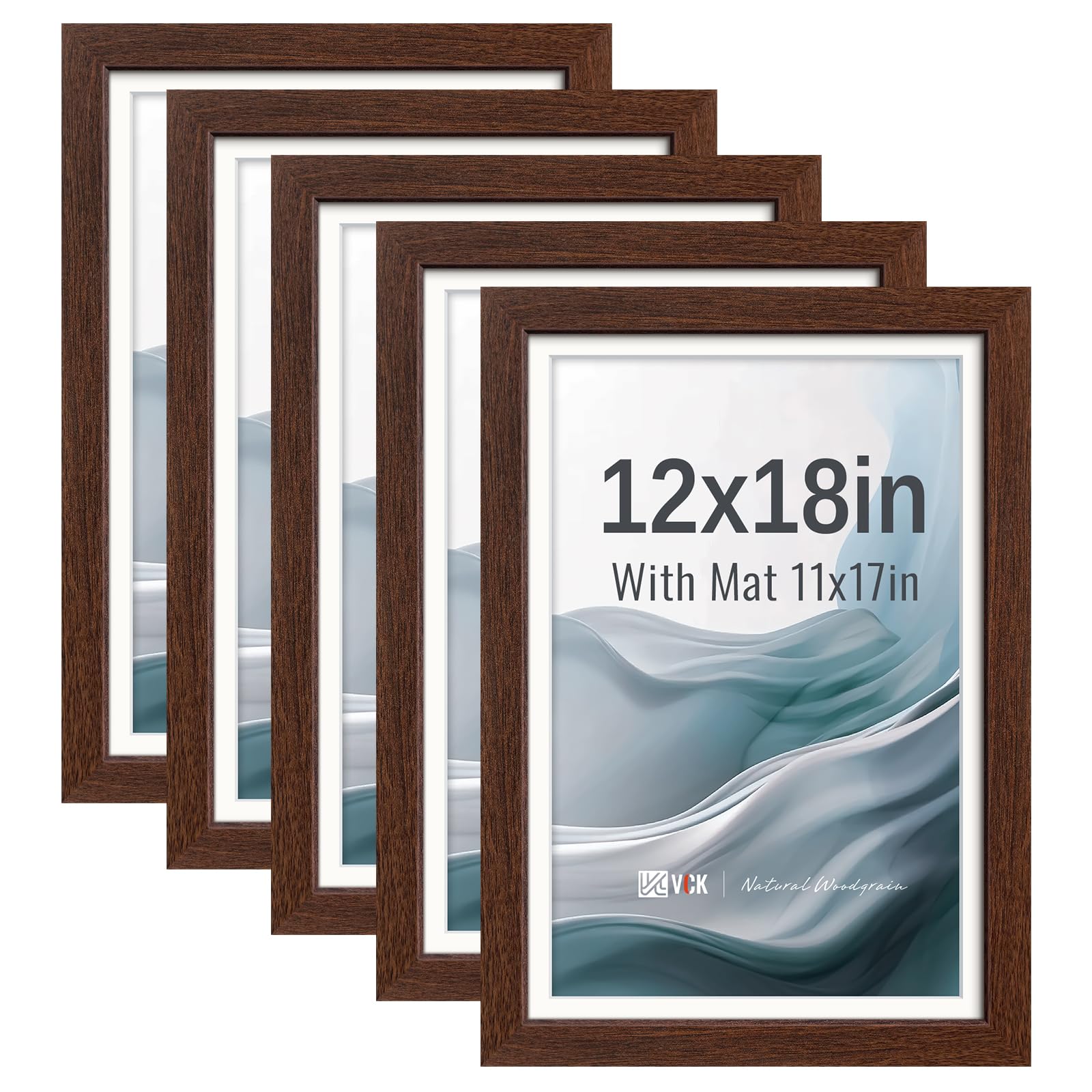 VCK 12x18 Picture Frame 5 Pack, Brown Exclusive Wood, HD Glass, for Artwork