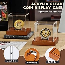 JupDec Coin Display Case, Clear Acrylic Showcase with Wood Base & Alloy Holder for Single Challenge Coin, UV Protection Souvenirs and Collectibles Box, Ideal Gift for Coin Fans, Brown