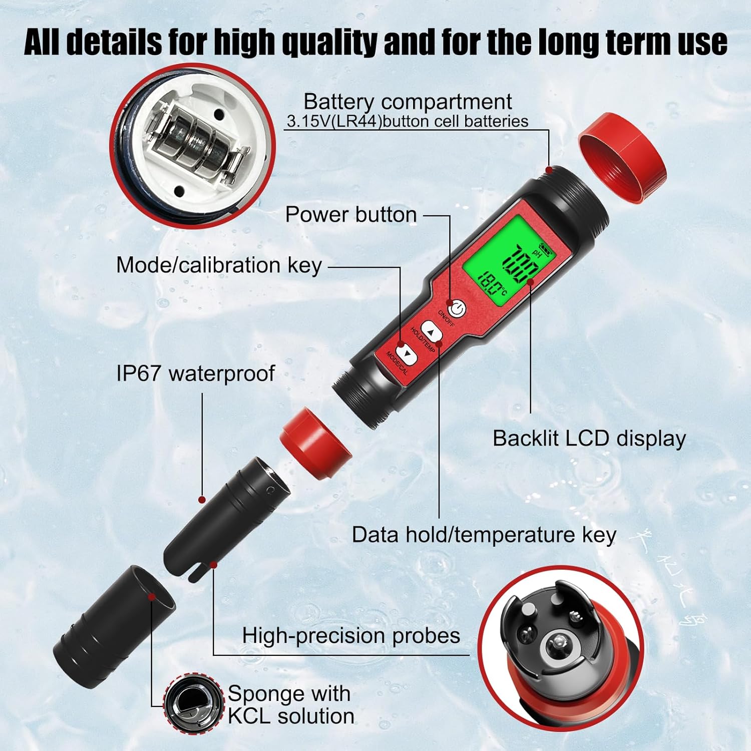 Exploded view of the Homcoice 7-in-1 Water Quality Tester showing components