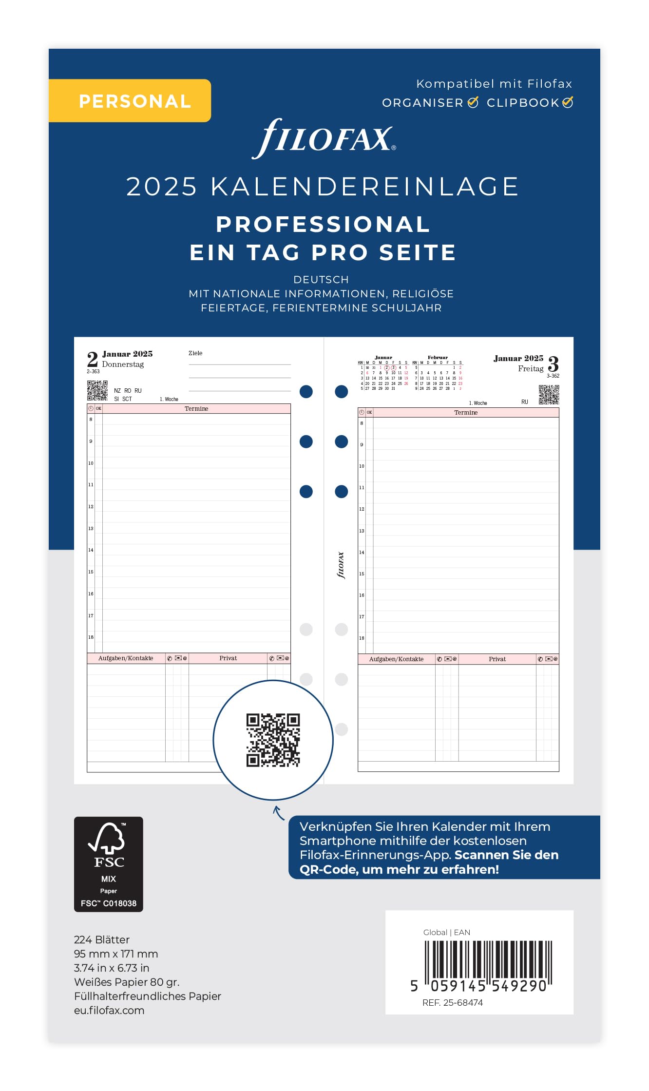 Filofax Personal Professional 1 Day on a Page (German) 2025
