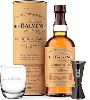 Balvenie 14 Year Old Caribbean Cask Whisky 70cl With Branded Glass Secret Bottle Shop Jigger Gifts for Him Her Birthdays Christmas Corporate Mothers Day Fathers Day