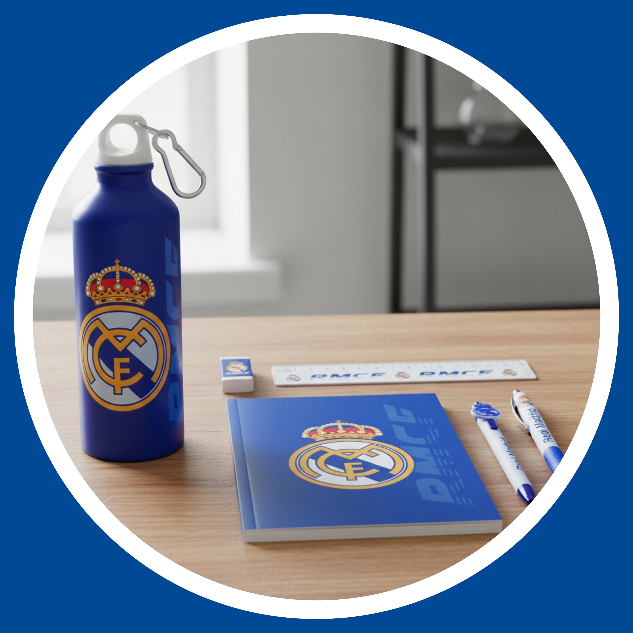 CF REAL MADRID Juego de Papelería para Niños, Incluye Cuaderno Boligrafos Regla Borrador y Botella Cantimplora 650ml, Regalo para Niños
