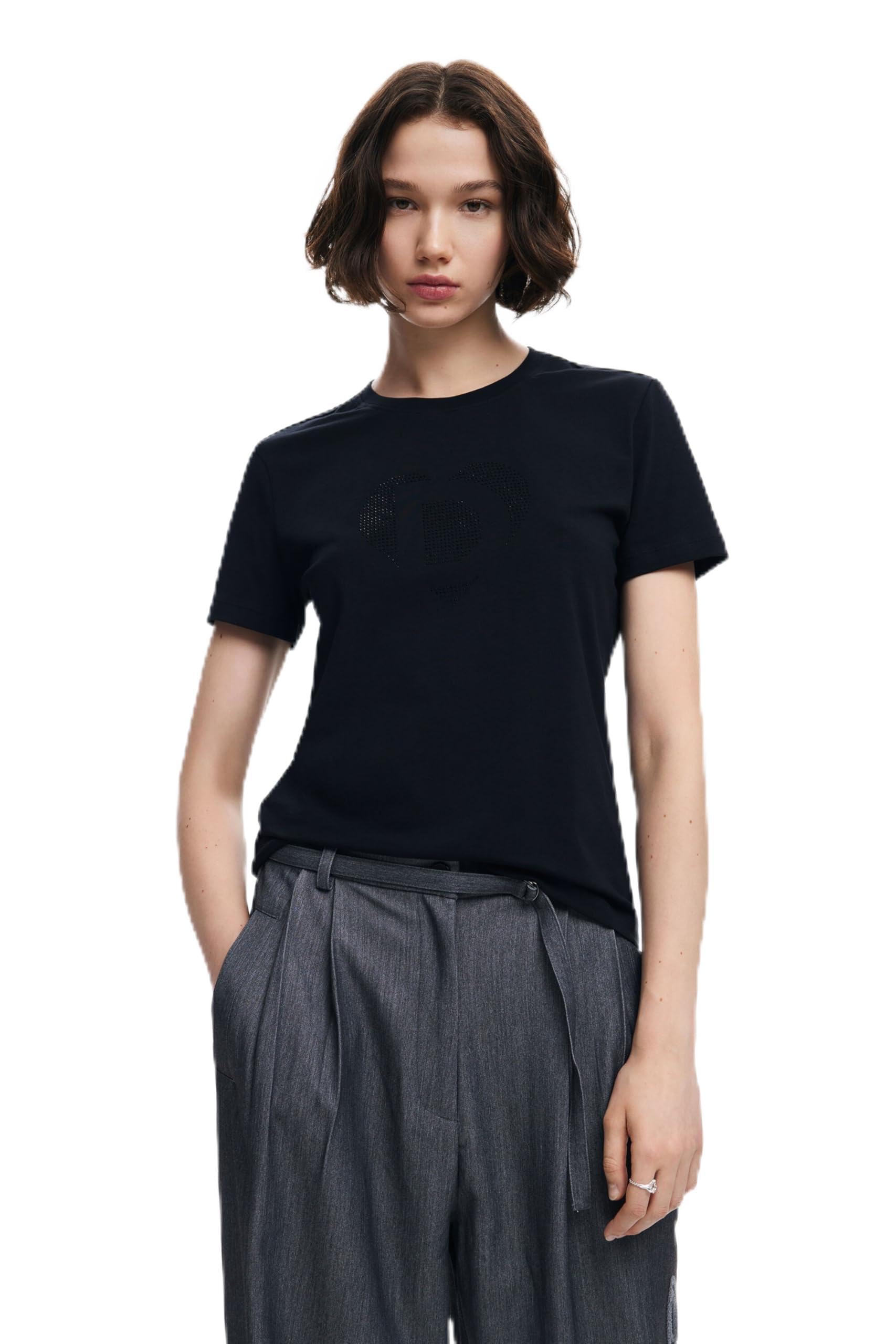 Desigual Mujer Negro Camiseta Imagotipo Strass, Algodon, M