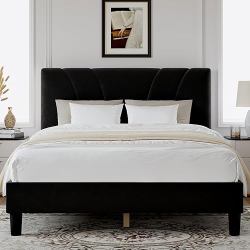 Novilla King Bed Frame and Headboard, King Bed Frame, Velvet Upholstered Bed Frames, No Box Spring Needed, Heavy Duty Feet, Easy Assembly, Black Velvet