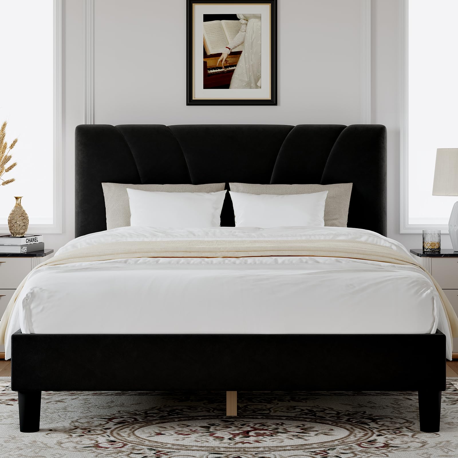 novilla queen bed frame, queen size bed frame with wooden slats support, velvet upholstered headboard, no box spring needed, heavy duty feet, easy assembly, black velvet