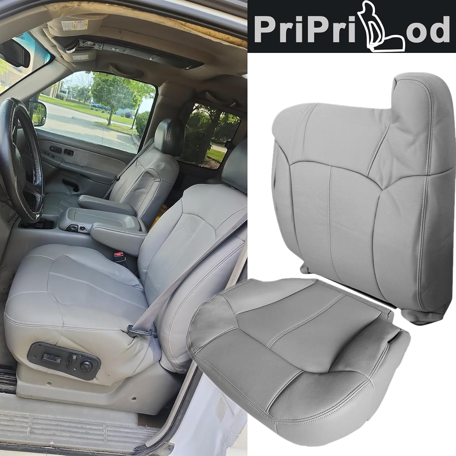 Priprilod Driver & Passenger Bottom & Top Lean Back and Foam Cushion and Armrest Covers 922/122 Gray, Fit for Chevy Silverado Tahoe Suburban Avalanche, Fit for GMC Sierra Yukon XL 1999 2000 2001 2002