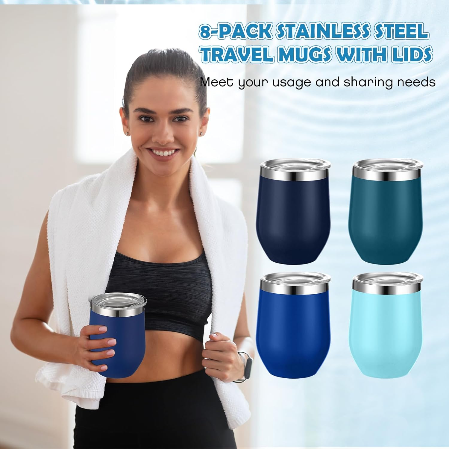 Baderke 12oz Wine Tumbler Bulk with Lid Gradient Color Stainless Steel Insulated Wine Tumbler Cup Reusable Travel Mug for Women Mother Bachelorette Wedding Party(Gradient Blue,8 Pcs)