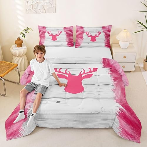 Miniatura 2 de Lindo juego de edredón de ciervo, edredón de piel de vaca para niños y adolescentes, juego de ropa de cama de grano de madera de vaquero rosa,
