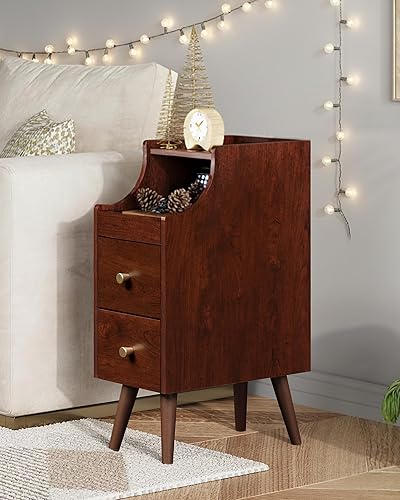 Miniatura 5 de WLIVE Mesa auxiliar de madera con 2 cajones, mesa auxiliar de mediados de siglo con estante abierto ajustable, cereza antigua Cereza(Antique