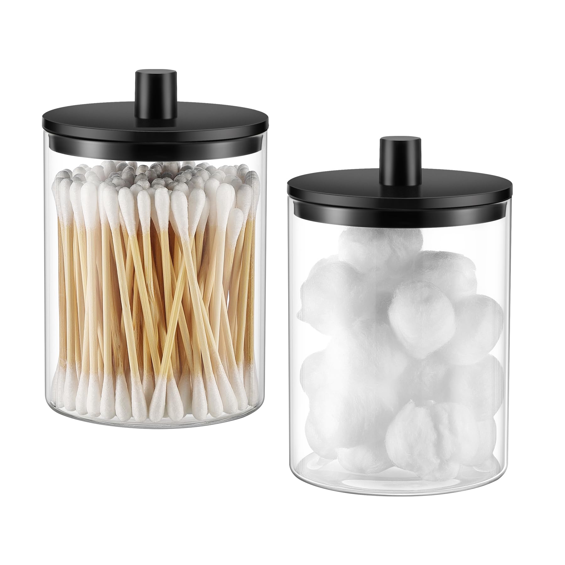 TIPGO Glass Qtip Holder Dispenser - 10 oz Clear Canister Apothecary Jar Bathroom Vanity Storage Organizer Set for