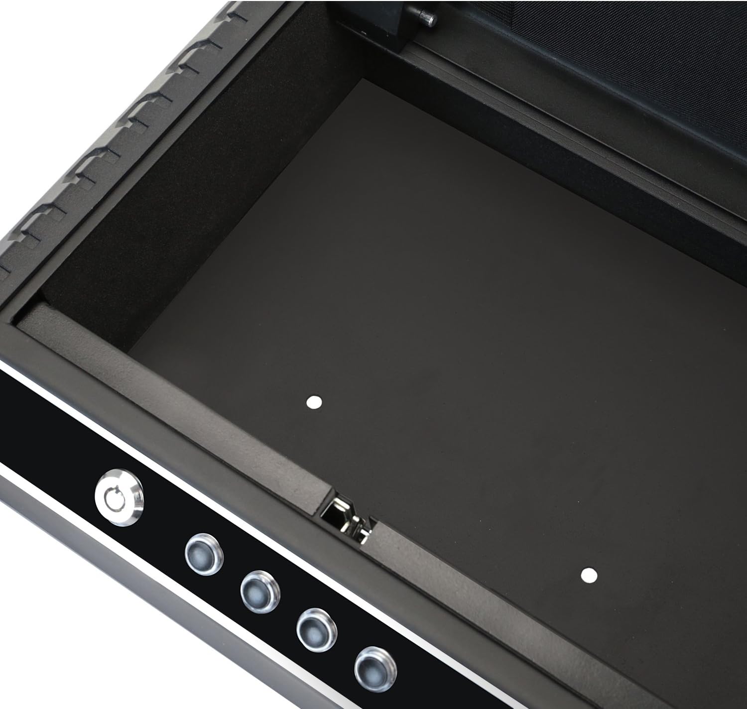 Close-up view of the interior of the HMF safe, showing the pre-drilled mounting holes on the bottom surface.