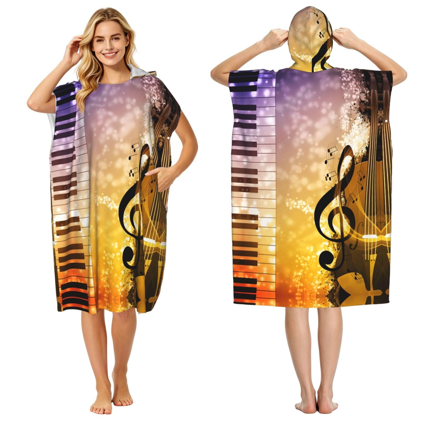 ESNAIUVCD Abstract Music Print Changing Robe, Hooded Towel Poncho For Swimming Pool, Beach,Quick Dry & Light Weight Towelling Poncho For Adults Women Men